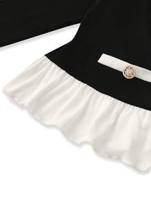 GlowEve CURVE Plus Size Women's French Elegant Casual Vacation Round Neck Long Sleeve Ruffle Trim Cardigan & Wide Leg Pants 2-Piece Set, Suitable For Office Commute - Black and White - View 6