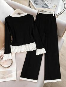 GlowEve CURVE Plus Size Women's French Elegant Casual Vacation Round Neck Long Sleeve Ruffle Trim Cardigan & Wide Leg Pants 2-Piece Set, Suitable For Office Commute - Black and White - View 2