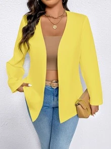 Elenzga Women Plus Size Solid Color Buttoned Slim Fit Blazer Graduation,Back To School,Teacher Fall Autumn - Yellow - View 5