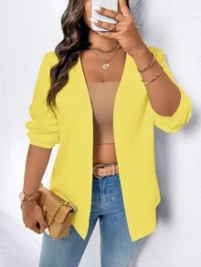 Elenzga Women Plus Size Solid Color Buttoned Slim Fit Blazer Graduation,Back To School,Teacher Fall Autumn - Yellow - View 3