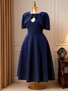 DreamSkyne Women's Elegant Formal V-Neck Cape Style Dress With Cinched Waist And A-Line Hem, Plus Size Wedding Dinner Navy Blue Summer - Navy Blue - View 1