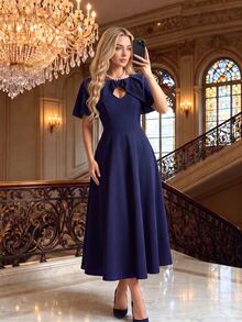 DreamSkyne Women's Elegant Formal V-Neck Cape Style Dress With Cinched Waist And A-Line Hem, Plus Size Wedding Dinner Navy Blue Summer - Navy Blue - View 3