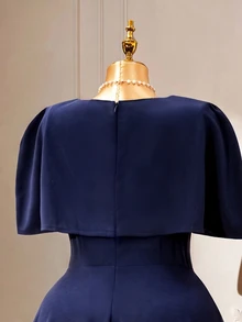 DreamSkyne Women's Elegant Formal V-Neck Cape Style Dress With Cinched Waist And A-Line Hem, Plus Size Wedding Dinner Navy Blue Summer - Navy Blue - View 4