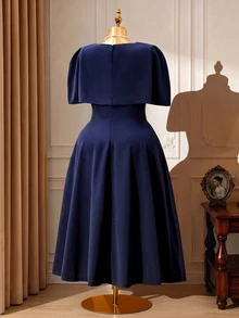 DreamSkyne Women's Elegant Formal V-Neck Cape Style Dress With Cinched Waist And A-Line Hem, Plus Size Wedding Dinner Navy Blue Summer - Navy Blue - View 2