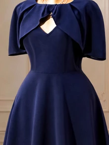 DreamSkyne Women's Elegant Formal V-Neck Cape Style Dress With Cinched Waist And A-Line Hem, Plus Size Wedding Dinner Navy Blue Summer - Navy Blue - View 7