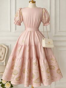 Rometta Plus Size Women's Floral Embroidered Square Neck Short Petal Sleeve Elegant Dress - Pink - View 2