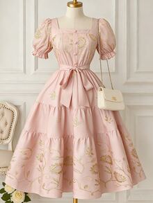 Rometta Plus Size Women's Floral Embroidered Square Neck Short Petal Sleeve Elegant Dress - Pink - View 7