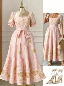 Rometta Plus Size Women's Floral Embroidered Square Neck Short Petal Sleeve Elegant Dress - Pink - View 1