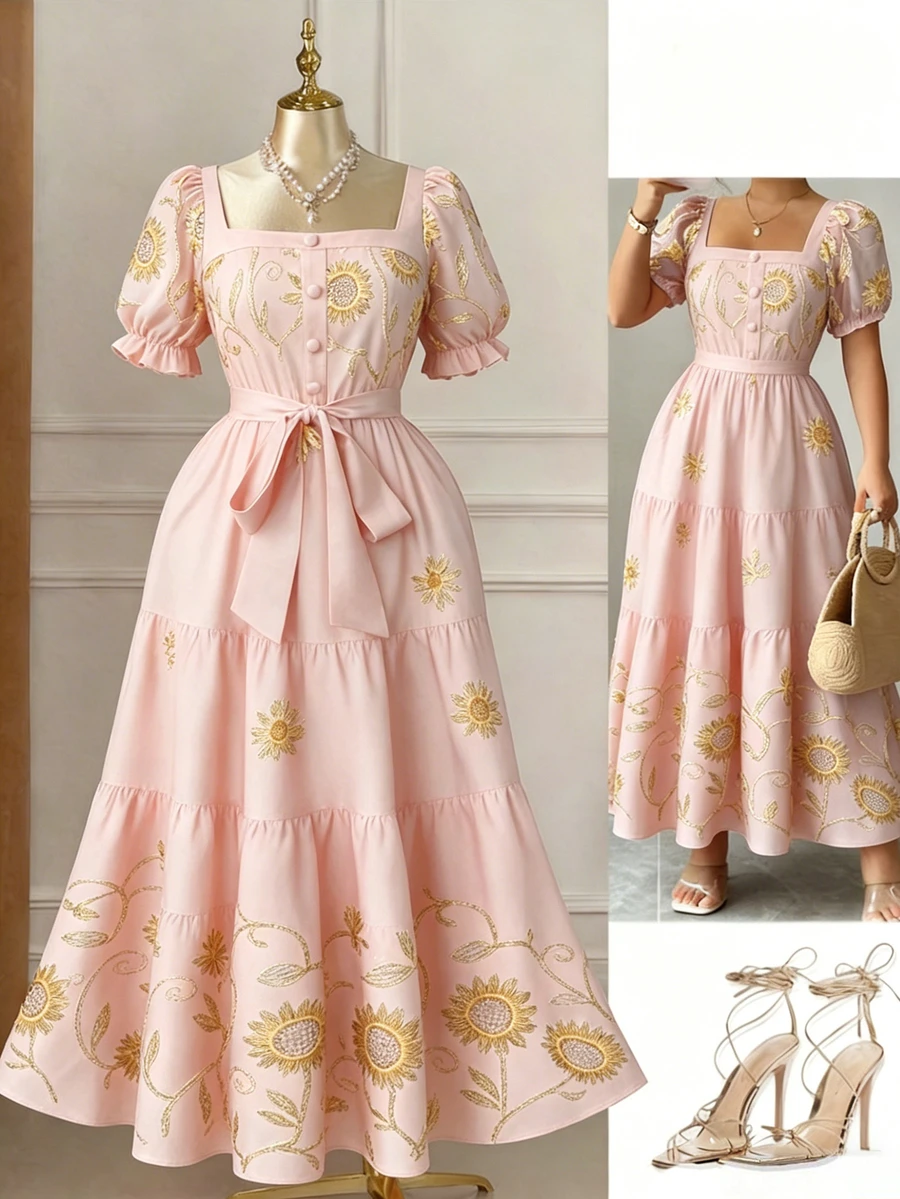 Rometta Plus Size Women's Floral Embroidered Square Neck Short Petal Sleeve Elegant Dress - Pink - View 1