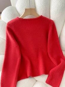 SHEIN Franclia Christmas Casual Fit Round Neck Long Sleeve Knit Deer & Christmas Tree Jacquard Frog Button Design Red Women's Spring/Autumn Cardigan - Red - View 3