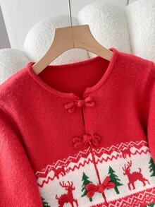 SHEIN Franclia Christmas Casual Fit Round Neck Long Sleeve Knit Deer & Christmas Tree Jacquard Frog Button Design Red Women's Spring/Autumn Cardigan - Red - View 6