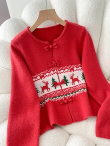 SHEIN Franclia Christmas Casual Fit Round Neck Long Sleeve Knit Deer & Christmas Tree Jacquard Frog Button Design Red Women's Spring/Autumn Cardigan - Red - View 7