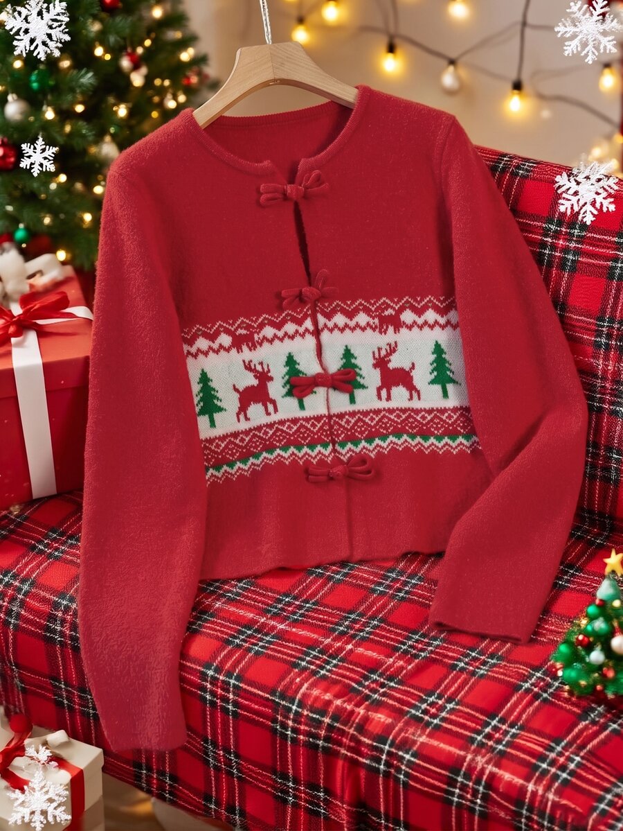 SHEIN Franclia Christmas Casual Fit Round Neck Long Sleeve Knit Deer & Christmas Tree Jacquard Frog Button Design Red Women's Spring/Autumn Cardigan