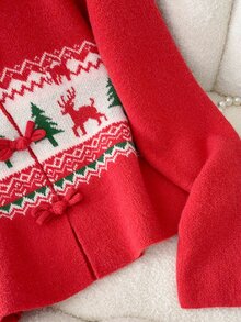 SHEIN Franclia Christmas Casual Fit Round Neck Long Sleeve Knit Deer & Christmas Tree Jacquard Frog Button Design Red Women's Spring/Autumn Cardigan - Red - View 4
