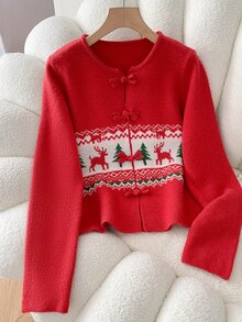 SHEIN Franclia Christmas Casual Fit Round Neck Long Sleeve Knit Deer & Christmas Tree Jacquard Frog Button Design Red Women's Spring/Autumn Cardigan - Red - View 5