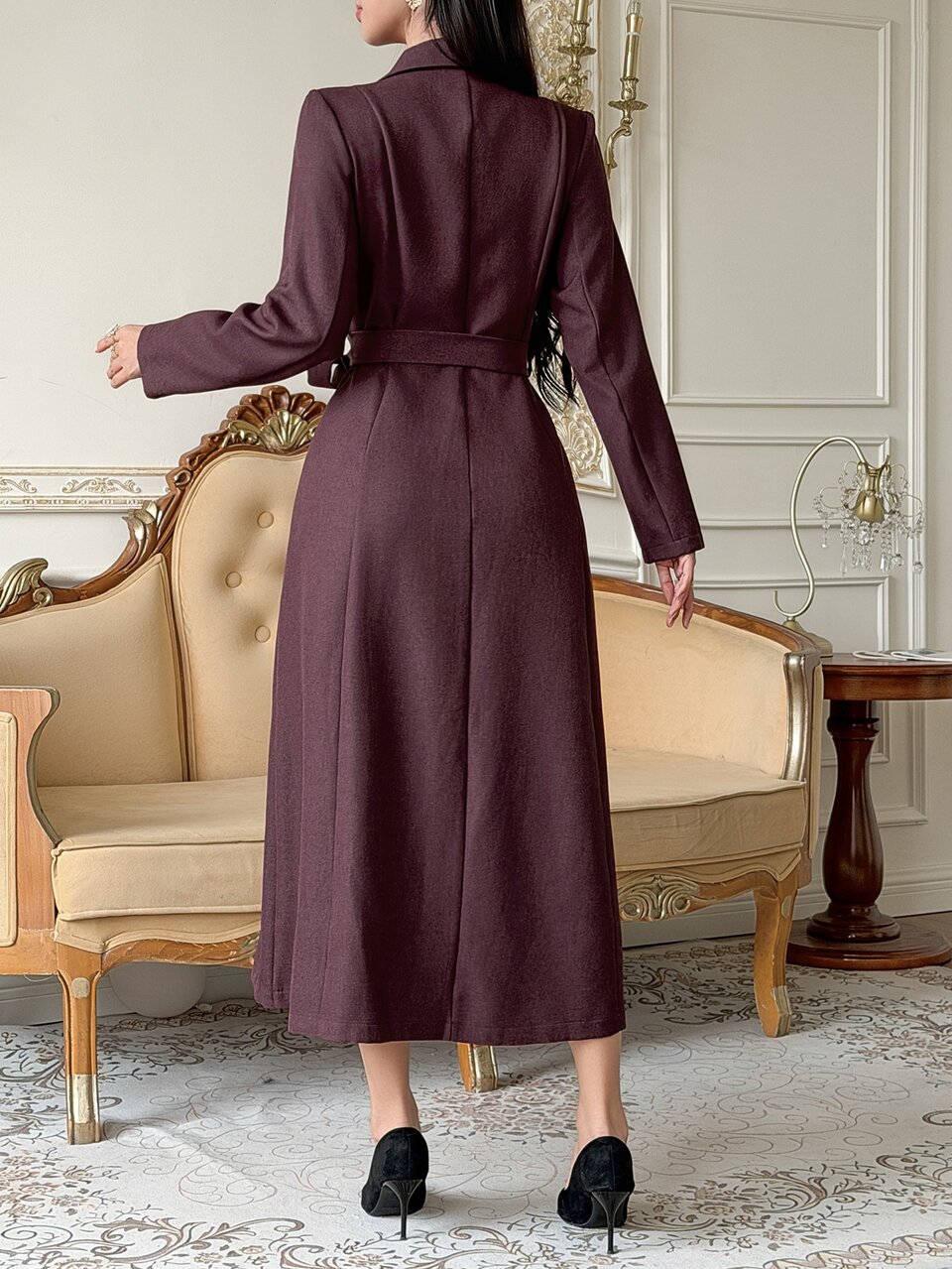Women's Waist-Cinching Double-Breasted Long Sleeve Midi Dress Fall