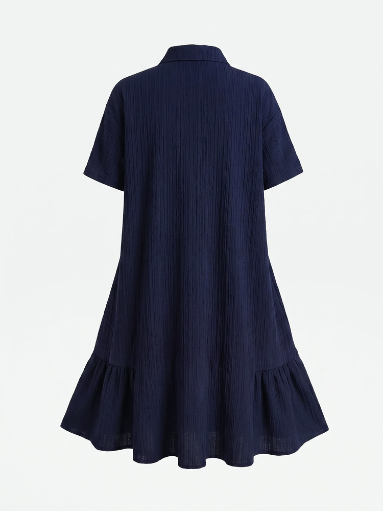 SHEIN Teen Girl Polo Kids Navy Blue Embroidered Pattern Short Sleeve Mid-Length Contrast Color Ruffle Collar Petal Sleeve Printed Button Dress Graduation - Navy Blue - View 2