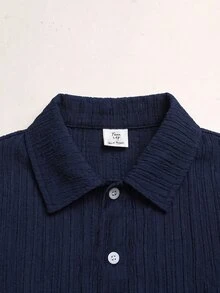 SHEIN 青少年女孩 Polo Kids 海軍藍刺繡圖案短袖中長洋裝，撞色荷葉領、花瓣袖、印花鈕扣設計，畢業禮服 - 藏蓝色 - 查看 6