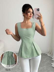Elenzga 2025 Summer Niche Square Neck Striped Tie-Waist Sleeveless Shirt - Green - View 2