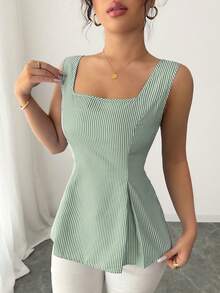 Elenzga 2025 Summer Niche Square Neck Striped Tie-Waist Sleeveless Shirt - Green - View 1