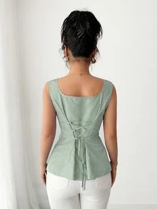 Elenzga 2025 Summer Niche Square Neck Striped Tie-Waist Sleeveless Shirt - Green - View 3