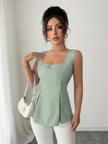 Elenzga 2025 Summer Niche Square Neck Striped Tie-Waist Sleeveless Shirt - Green - View 6