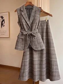 SHEIN LUNE CURVE Plus Size Women's Plaid Waist Tie Top And Skirt Fashion 2-Piece Set - Mocha Brown - View 1