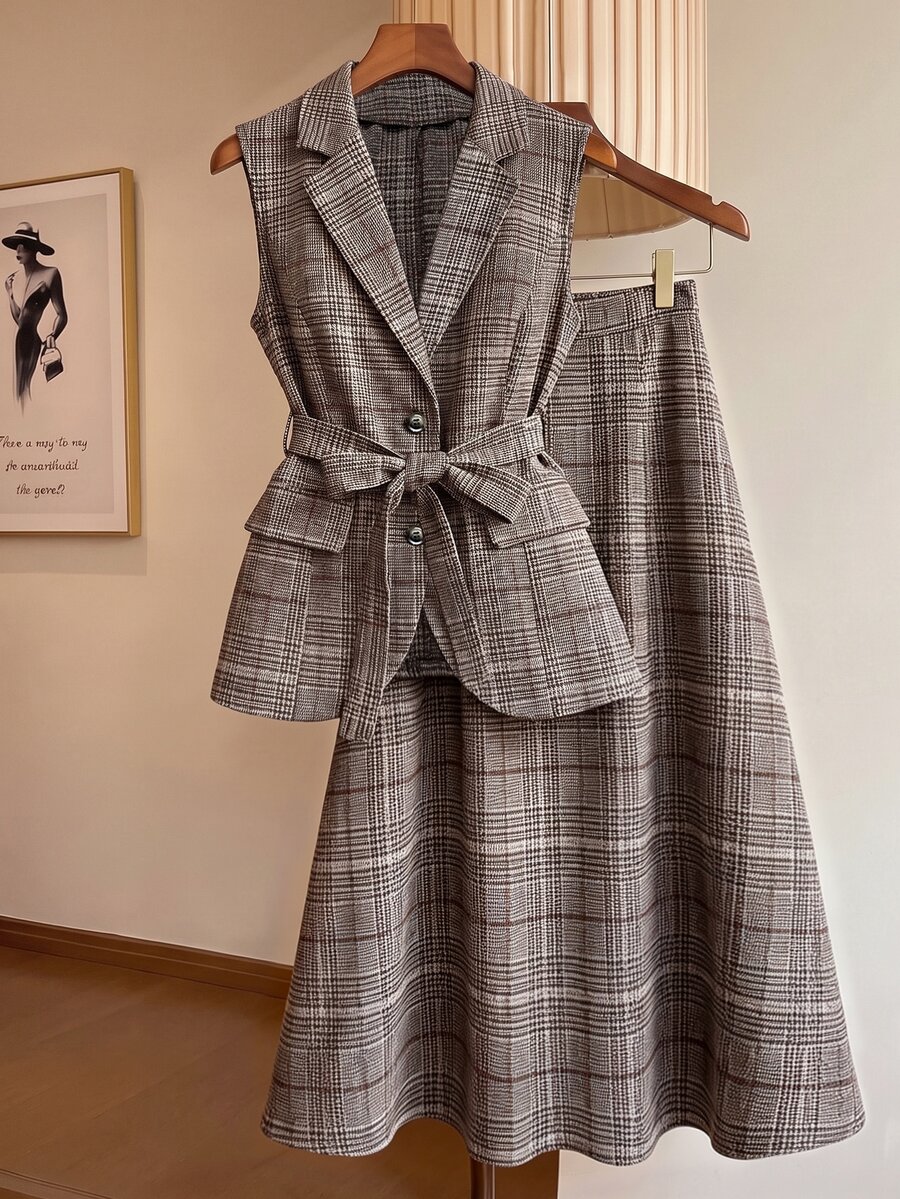 SHEIN LUNE CURVE Plus Size Women's Plaid Waist Tie Top And Skirt Fashion 2-Piece Set - Mocha Brown - View 1