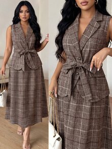 SHEIN LUNE CURVE Plus Size Women's Plaid Waist Tie Top And Skirt Fashion 2-Piece Set - Mocha Brown - View 5