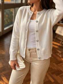 Linhara CURVE Women's Autumn/Winter French Elegant Mature Style Rhinestone Lace Rhinestone Button Round Neck Knit Loose Slimming Plus Size Cardigan, Commute Versatile, Outing Top - Apricot - View 2