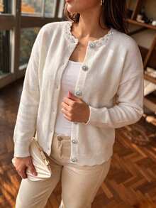 Linhara CURVE Women's Autumn/Winter French Elegant Mature Style Rhinestone Lace Rhinestone Button Round Neck Knit Loose Slimming Plus Size Cardigan, Commute Versatile, Outing Top - Apricot - View 4