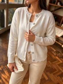 Linhara CURVE Women's Autumn/Winter French Elegant Mature Style Rhinestone Lace Rhinestone Button Round Neck Knit Loose Slimming Plus Size Cardigan, Commute Versatile, Outing Top - Apricot - View 6