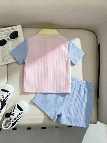 SHEIN 2pcs Baby Boy Colorblock Textured Fabric Pocket Polo Shirt And Shorts Set, Suitable For Summer, Travel, Back To School - Multicolor - View 7