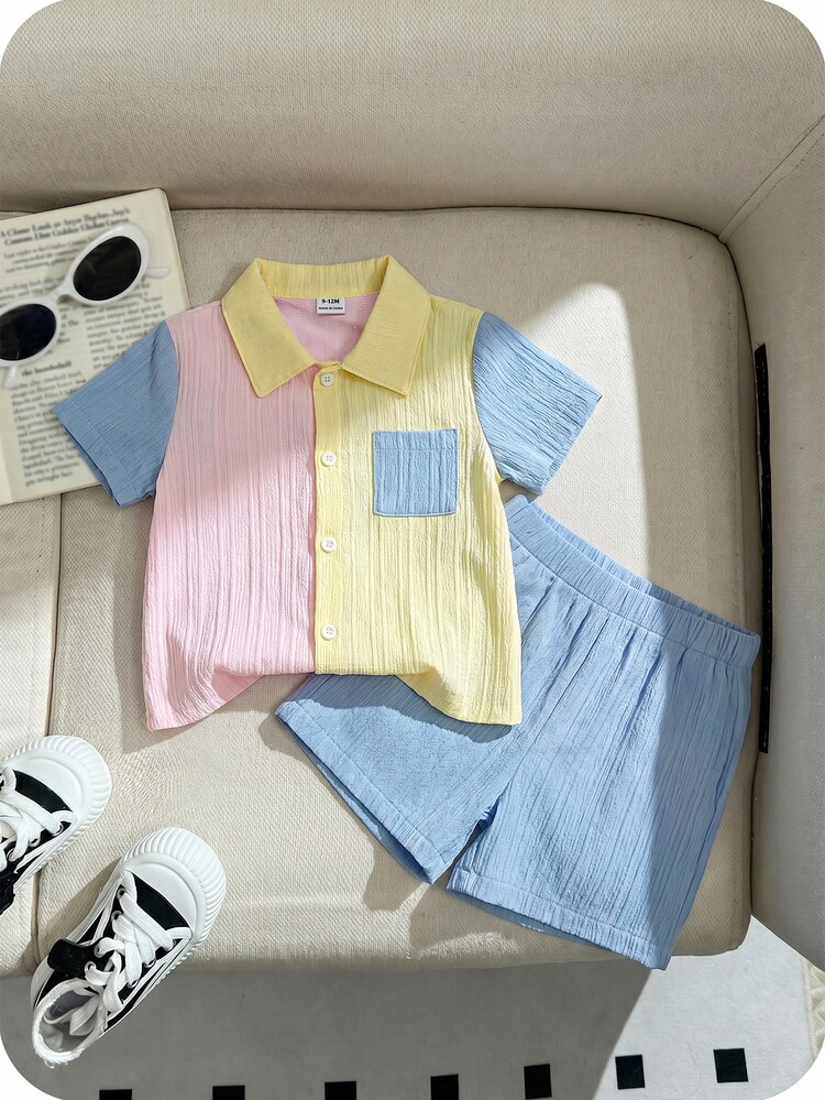 SHEIN 男婴撞色纹理面料口袋polo衫和短裤两件套，适合夏季、旅行和返校穿着 - 彩色 - 查看 8