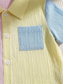 SHEIN 2pcs Baby Boy Colorblock Textured Fabric Pocket Polo Shirt And Shorts Set, Suitable For Summer, Travel, Back To School - Multicolor - View 6