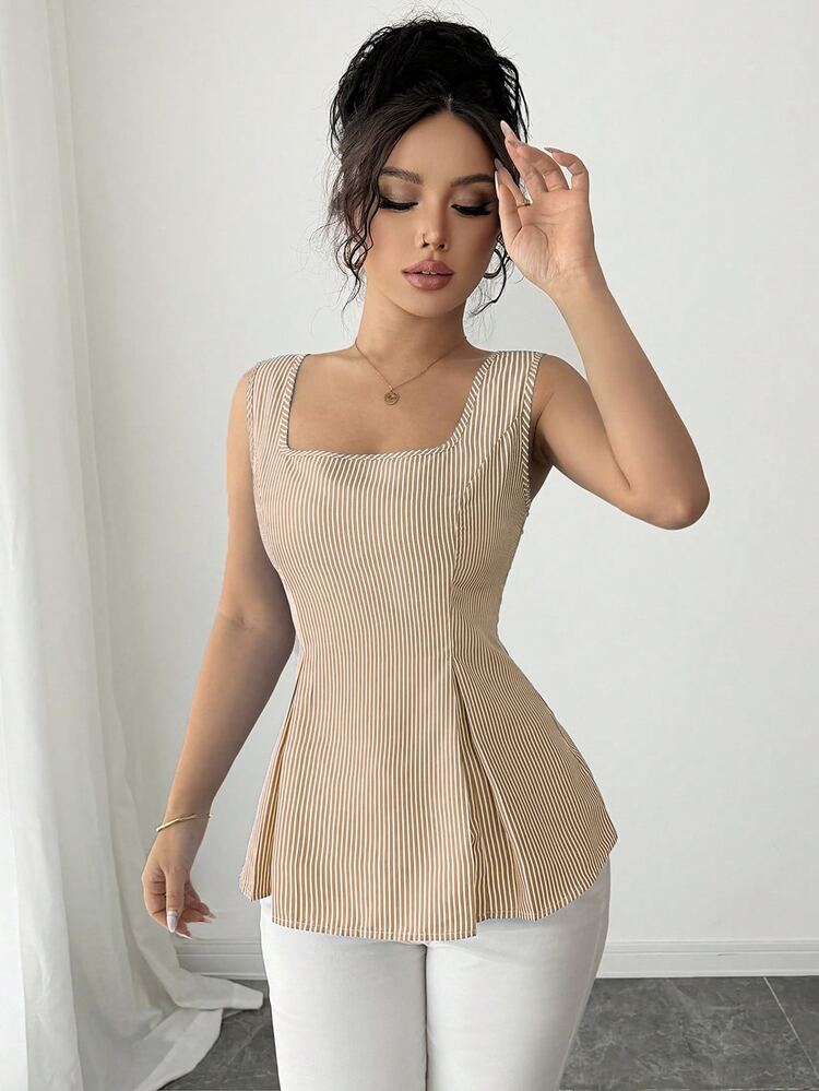 Elenzga 2025 Summer Niche Square Neck Striped Tie-Waist Sleeveless Shirt - Brown - View 5