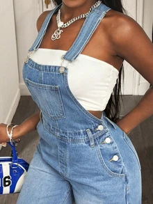 SHEIN Tall Women's Casual Loose Denim Overalls - Light Wash - View 5