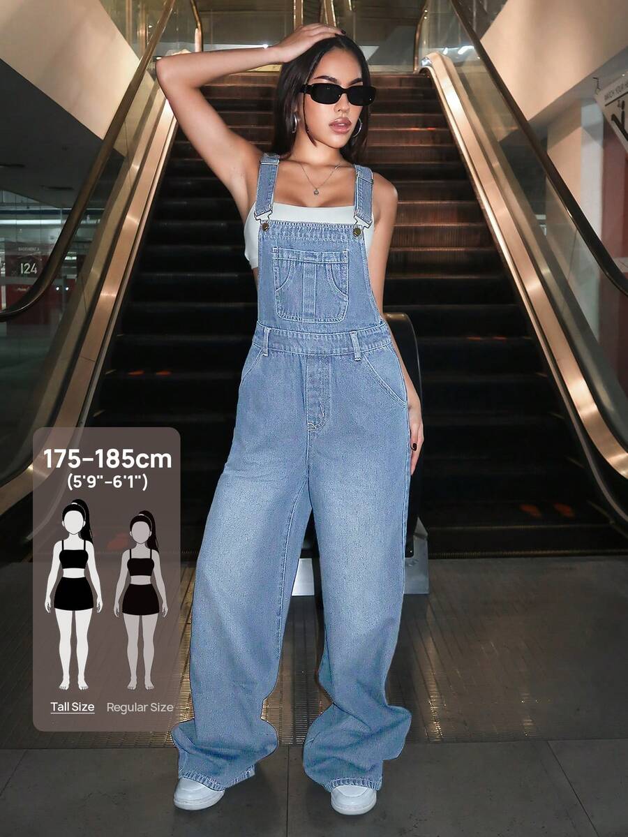 SHEIN Tall All-Season Versatile Vintage Cargo Style Style Denim Overalls With Adjustable Shoulder Straps, Washed Wide Leg Pants, Preppy Youthful Slimming Flattering Casual Dungarees - Light Wash - View 1