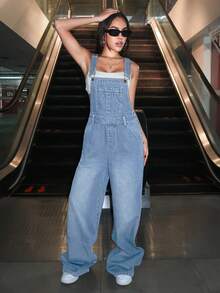 SHEIN Tall All-Season Versatile Vintage Cargo Style Style Denim Overalls With Adjustable Shoulder Straps, Washed Wide Leg Pants, Preppy Youthful Slimming Flattering Casual Dungarees - Light Wash - View 7