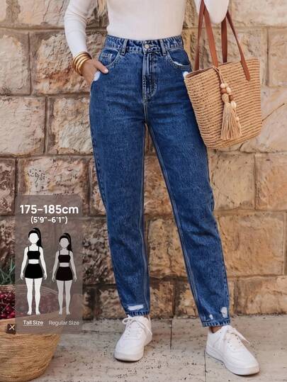 SHEIN Tall American Retro Casual Dark Blue Water-Washed Distressed Streetwear Campus Style High-Waist Pear-Shaped Plus-Size Denim Mom Jeans Autumn