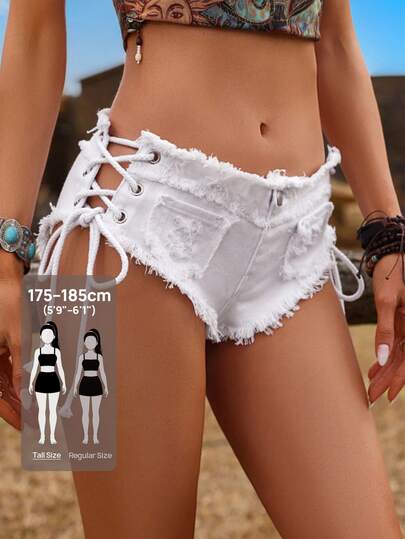 SHEIN Tall Women's Sexy Side Criss-Cross Frayed Hem Denim Shorts, Summer Vacation Club Beach White