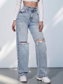 SHEIN Tall Women's Casual Versatile Distressed Denim Jeans With Pockets - Blue - View 4