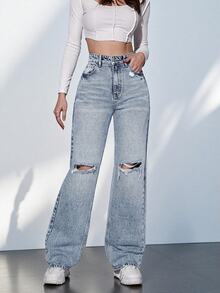 SHEIN Tall Women's Casual Versatile Distressed Denim Jeans With Pockets - Blue - View 3
