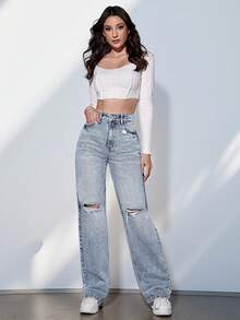 SHEIN Tall Women's Casual Versatile Distressed Denim Jeans With Pockets - Blue - View 5