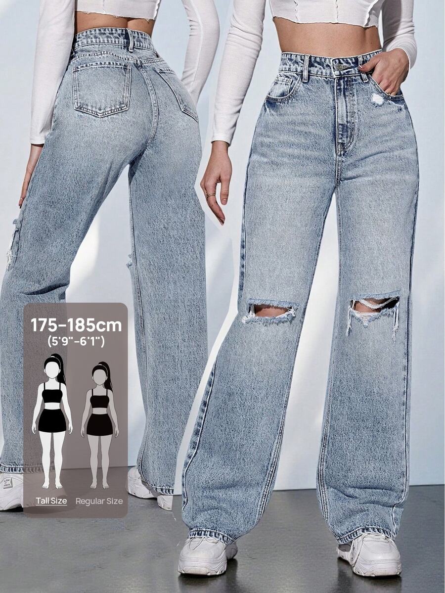 SHEIN Tall Women's Casual Versatile Distressed Denim Jeans With Pockets - Blue - View 1