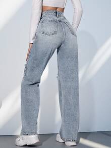SHEIN Tall Women's Casual Versatile Distressed Denim Jeans With Pockets - Blue - View 2
