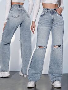 SHEIN Tall Women's Casual Versatile Distressed Denim Jeans With Pockets - Blue - View 7