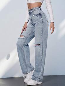 SHEIN Tall Women's Casual Versatile Distressed Denim Jeans With Pockets - Blue - View 6