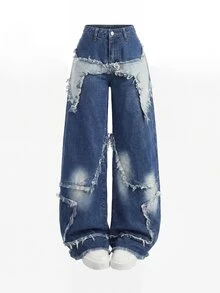 SHEIN Girlism 青少年女孩鈕扣拼接休閒日常穿著牛仔褲 - 中等水洗藍 - 查看 1