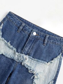 SHEIN Girlism 青少年女孩鈕扣拼接休閒日常穿著牛仔褲 - 中等水洗藍 - 查看 3